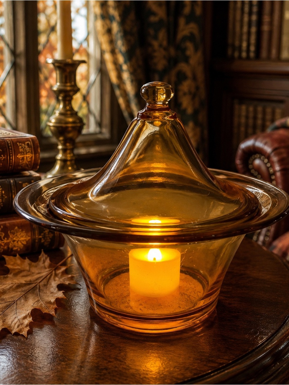 Vintage Amber Glass Fairy Lamp | Covered Dish